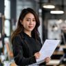 大胸姐妹首席产品设计师陈晓梅的专业形象照，手持设计稿，背景为产品研发工作室，展现专业设计师的严谨态度与创意气质